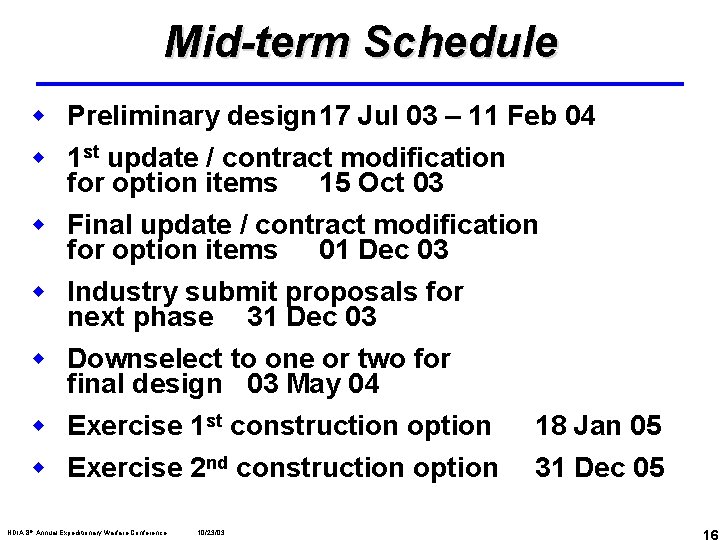 Mid-term Schedule w Preliminary design 17 Jul 03 – 11 Feb 04 w 1