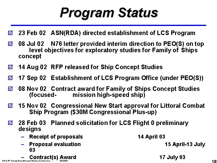 Program Status þ 23 Feb 02 ASN(RDA) directed establishment of LCS Program þ 08