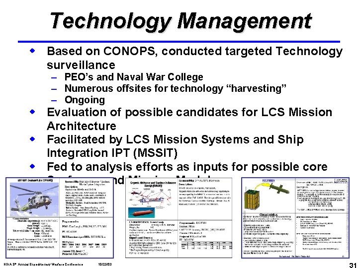 Technology Management w Based on CONOPS, conducted targeted Technology surveillance – PEO’s and Naval