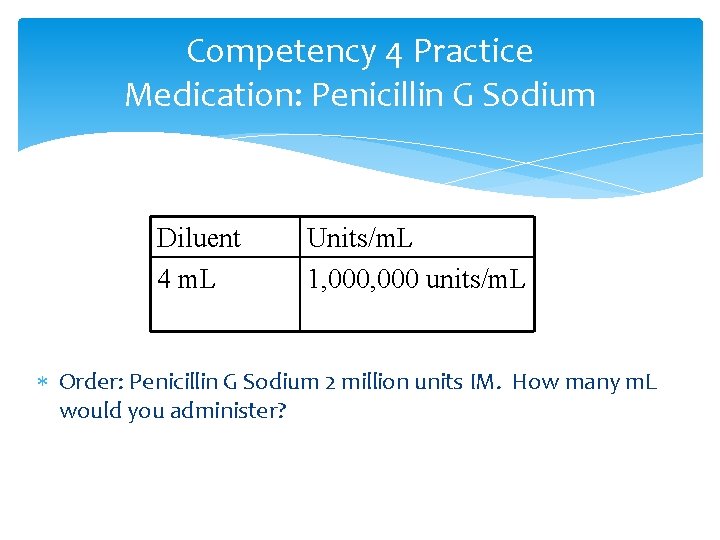 Competency 4 Practice Medication: Penicillin G Sodium Diluent 4 m. L Units/m. L 1,