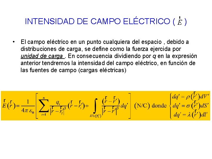 INTENSIDAD DE CAMPO ELÉCTRICO ( ) • El campo eléctrico en un punto cualquiera