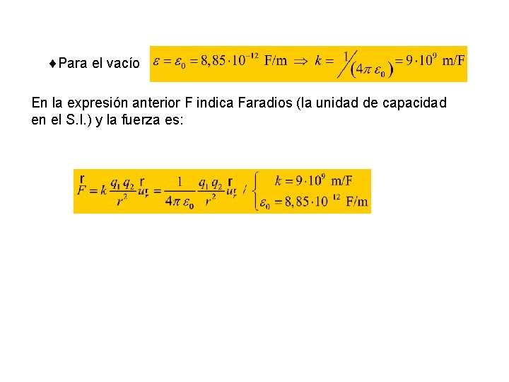  Para el vacío En la expresión anterior F indica Faradios (la unidad de