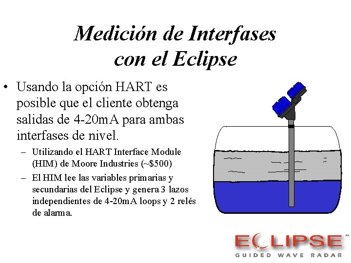 Medición de Interfases con el Eclipse • Usando la opción HART es posible que