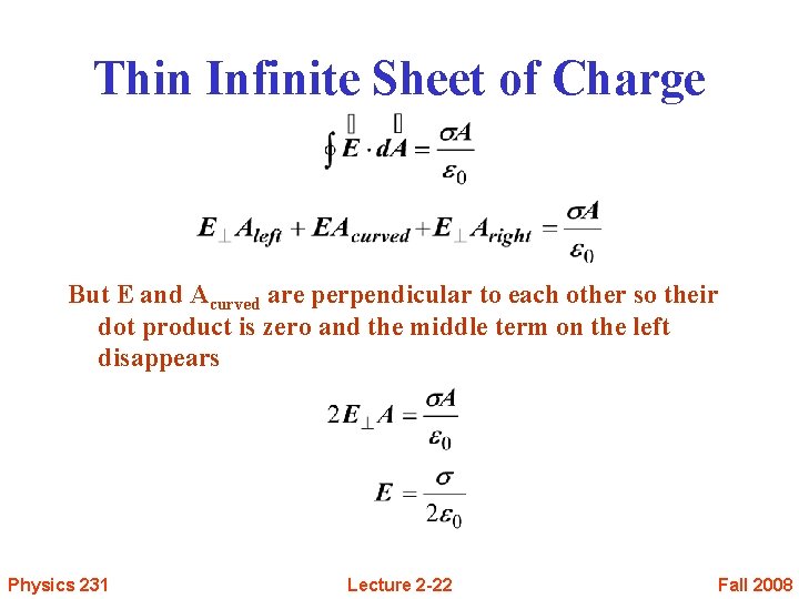 Thin Infinite Sheet of Charge But E and Acurved are perpendicular to each other