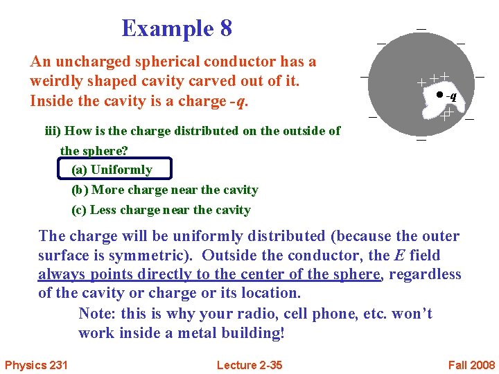 Example 8 An uncharged spherical conductor has a weirdly shaped cavity carved out of