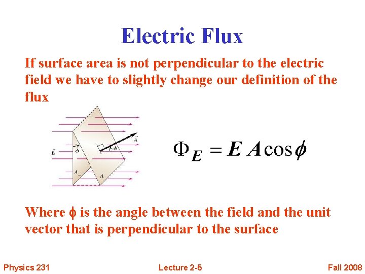 Electric Flux If surface area is not perpendicular to the electric field we have