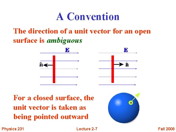 A Convention The direction of a unit vector for an open surface is ambiguous