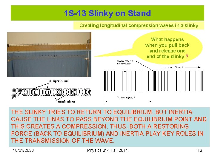 1 S-13 Slinky on Stand Creating longitudinal compression waves in a slinky What happens