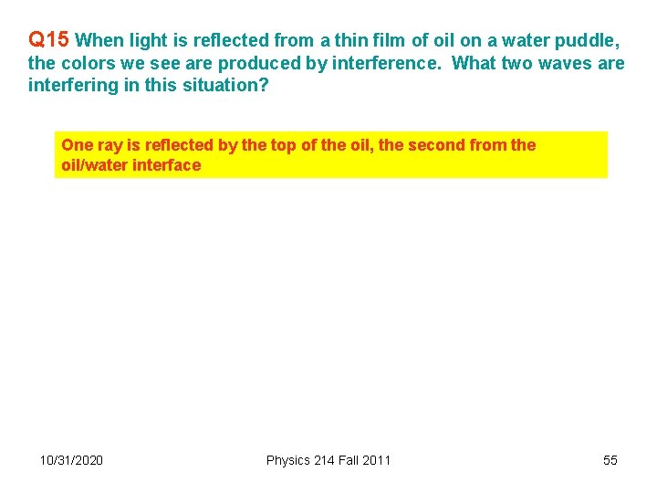 Q 15 When light is reflected from a thin film of oil on a