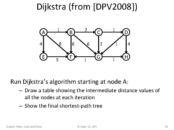 Dijkstra (from [DPV 2008]) A 1 4 8 E 5 B 2 6 F