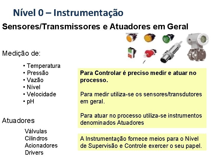 Nível 0 – Instrumentação Sensores/Transmissores e Atuadores em Geral Medição de: • Temperatura •