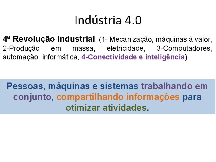 Indústria 4. 0 4ª Revolução Industrial. (1 - Mecanização, máquinas à valor, 2 -Produção