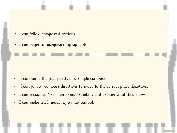  • I can follow compass directions. • I can begin to recognise map