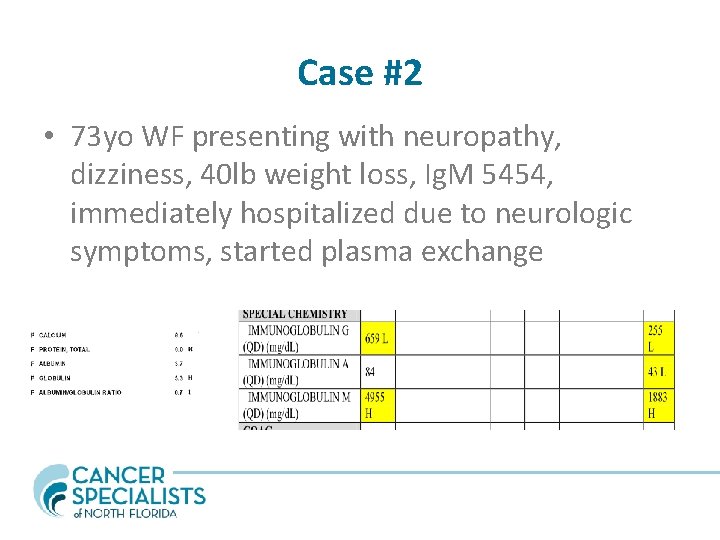 Case #2 • 73 yo WF presenting with neuropathy, dizziness, 40 lb weight loss,
