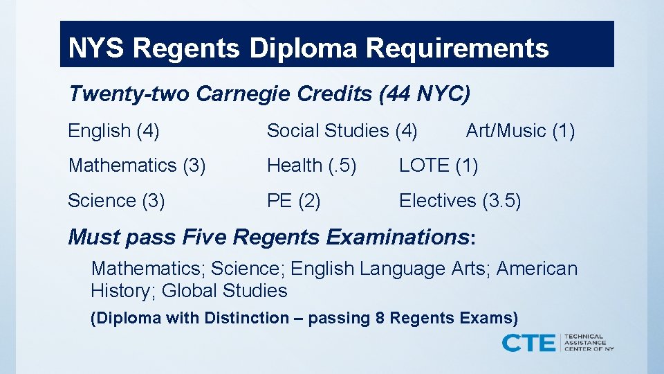 NYS Regents Diploma Requirements Twenty-two Carnegie Credits (44 NYC) English (4) Social Studies (4)