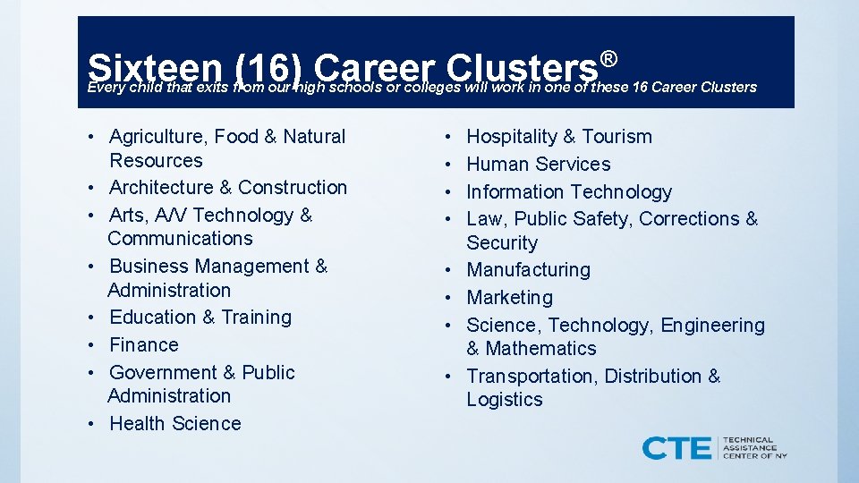 Sixteen (16) Career Clusters ® Every child that exits from our high schools or