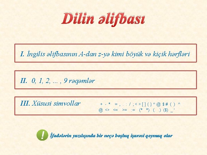 Dilin əlifbası I. İngilis əlifbasının A-dan z-yə kimi böyük və kiçik hərfləri II. 0,