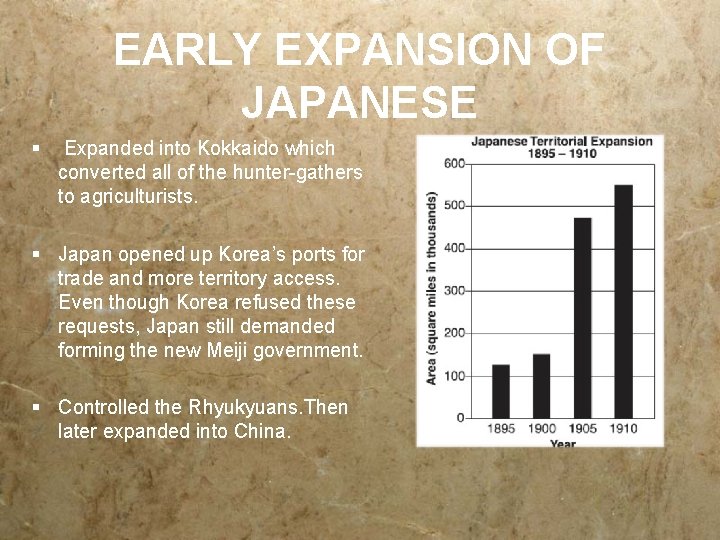 EARLY EXPANSION OF JAPANESE § Expanded into Kokkaido which converted all of the hunter-gathers
