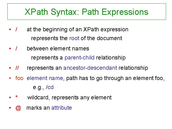 XPath Syntax: Path Expressions • / at the beginning of an XPath expression represents