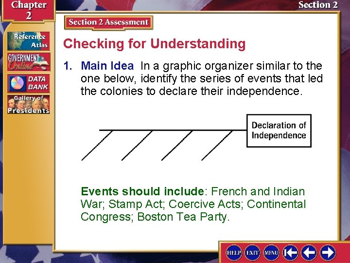 Checking for Understanding 1. Main Idea In a graphic organizer similar to the one
