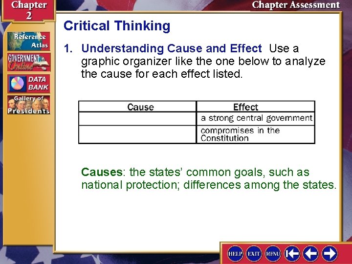 Critical Thinking 1. Understanding Cause and Effect Use a graphic organizer like the one