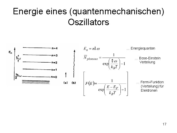 Energie eines (quantenmechanischen) Oszillators … Energiequanten … Bose-Einstein Verteilung … Fermi-Funktion (Verteilung) für Elektronen Energie eines (quantenmechanischen) Oszillators … Energiequanten … Bose-Einstein Verteilung … Fermi-Funktion (Verteilung) für Elektronen
