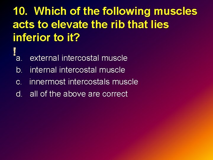 10. Which of the following muscles acts to elevate the rib that lies inferior