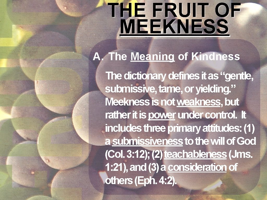 THE FRUIT OF MEEKNESS A. The Meaning of Kindness The dictionary defines it as THE FRUIT OF MEEKNESS A. The Meaning of Kindness The dictionary defines it as