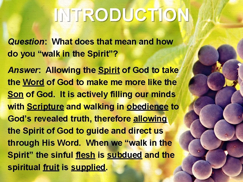 INTRODUCTION Question: What does that mean and how do you “walk in the Spirit”? INTRODUCTION Question: What does that mean and how do you “walk in the Spirit”?
