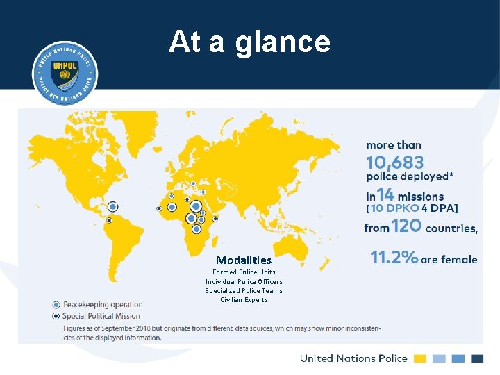 At a glance Modalities Formed Police Units Individual Police Officers Specialized Police Teams Civilian At a glance Modalities Formed Police Units Individual Police Officers Specialized Police Teams Civilian