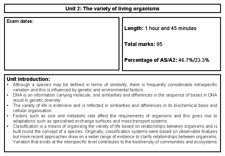 Unit 2: The variety of living organisms Exam dates: Length: 1 hour and 45 Unit 2: The variety of living organisms Exam dates: Length: 1 hour and 45