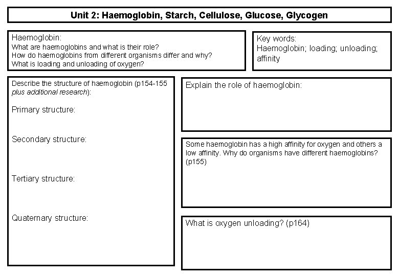 Unit 2: Haemoglobin, Starch, Cellulose, Glucose, Glycogen Haemoglobin: What are haemoglobins and what is Unit 2: Haemoglobin, Starch, Cellulose, Glucose, Glycogen Haemoglobin: What are haemoglobins and what is