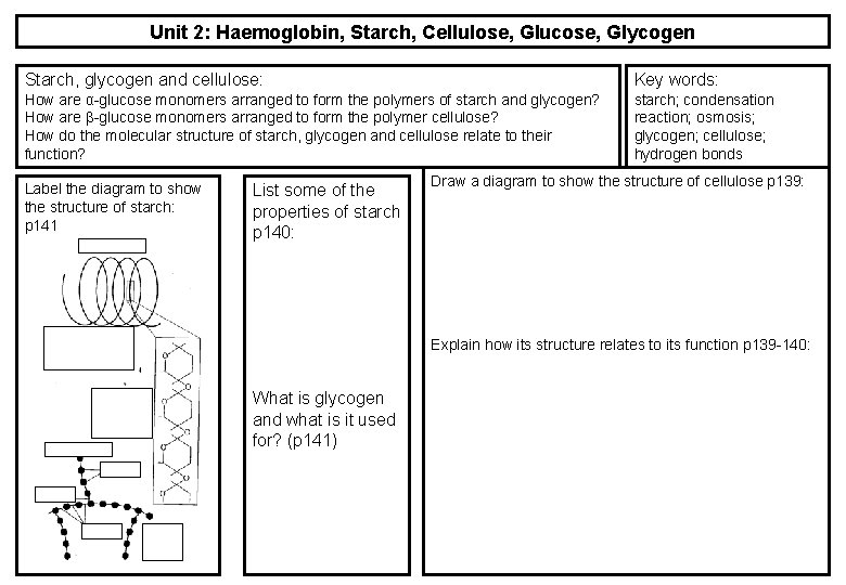 Unit 2: Haemoglobin, Starch, Cellulose, Glucose, Glycogen Starch, glycogen and cellulose: Key words: How Unit 2: Haemoglobin, Starch, Cellulose, Glucose, Glycogen Starch, glycogen and cellulose: Key words: How