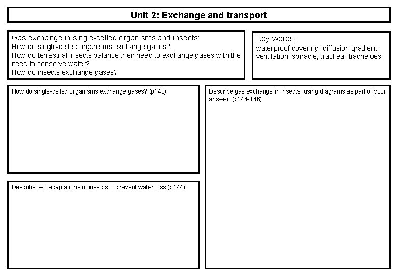 Unit 2: Exchange and transport Gas exchange in single-celled organisms and insects: How do Unit 2: Exchange and transport Gas exchange in single-celled organisms and insects: How do