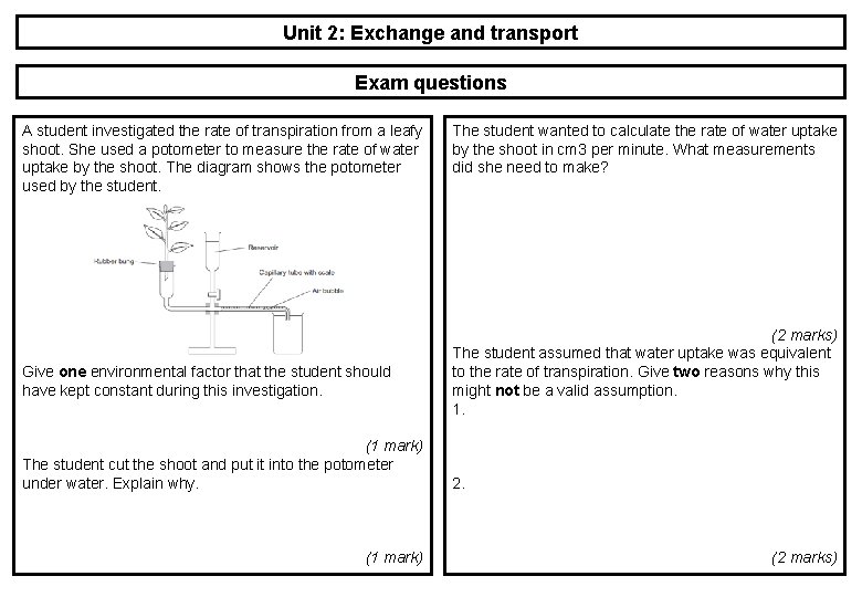 Unit 2: Exchange and transport Exam questions A student investigated the rate of transpiration Unit 2: Exchange and transport Exam questions A student investigated the rate of transpiration