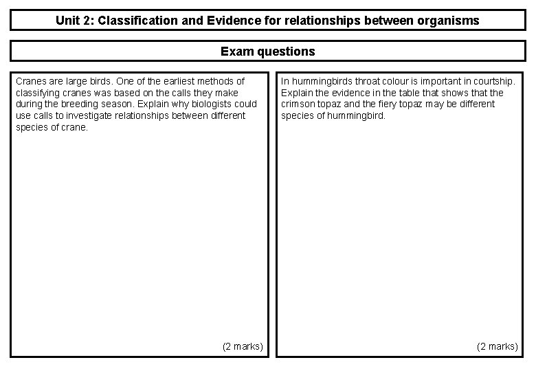 Unit 2: Classification and Evidence for relationships between organisms Exam questions Cranes are large Unit 2: Classification and Evidence for relationships between organisms Exam questions Cranes are large