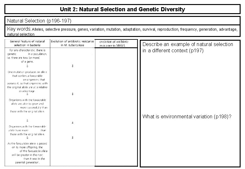 Unit 2: Natural Selection and Genetic Diversity Natural Selection (p 196 -197) Key words: Unit 2: Natural Selection and Genetic Diversity Natural Selection (p 196 -197) Key words: