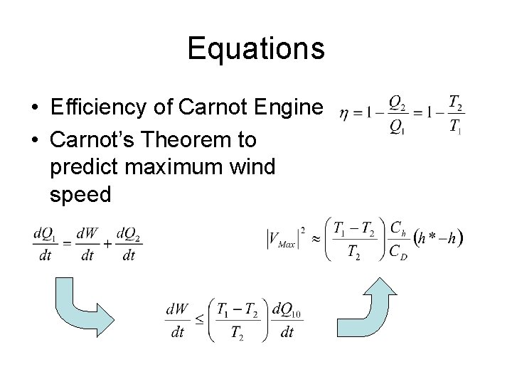 Equations • Efficiency of Carnot Engine • Carnot’s Theorem to predict maximum wind speed