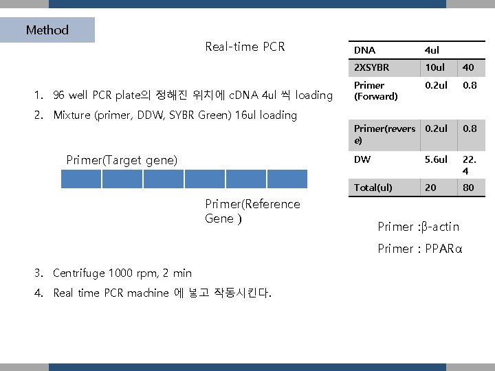 Method Real-time PCR 1. 96 well PCR plate의 정해진 위치에 c. DNA 4 ul
