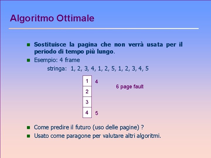 Algoritmo Ottimale n Sostituisce la pagina che non verrà usata per il periodo di