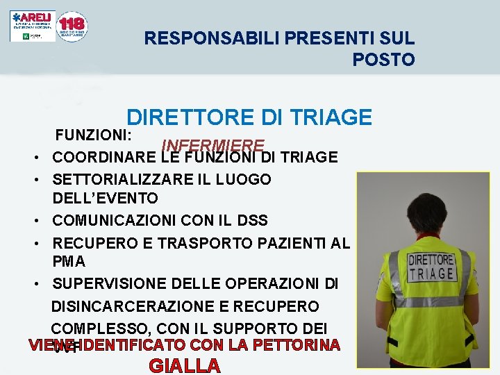 RESPONSABILI PRESENTI SUL POSTO DIRETTORE DI TRIAGE FUNZIONI: INFERMIERE • COORDINARE LE FUNZIONI DI RESPONSABILI PRESENTI SUL POSTO DIRETTORE DI TRIAGE FUNZIONI: INFERMIERE • COORDINARE LE FUNZIONI DI