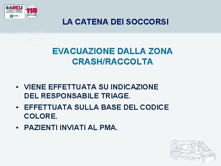 LA CATENA DEI SOCCORSI EVACUAZIONE DALLA ZONA CRASH/RACCOLTA • VIENE EFFETTUATA SU INDICAZIONE DEL LA CATENA DEI SOCCORSI EVACUAZIONE DALLA ZONA CRASH/RACCOLTA • VIENE EFFETTUATA SU INDICAZIONE DEL