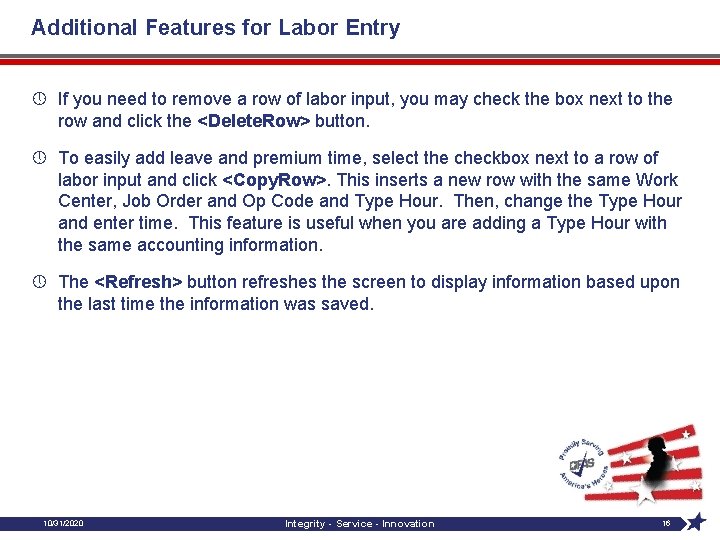 Additional Features for Labor Entry » If you need to remove a row of