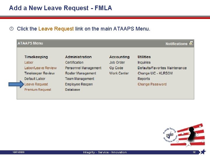 Add a New Leave Request - FMLA » Click the Leave Request link on