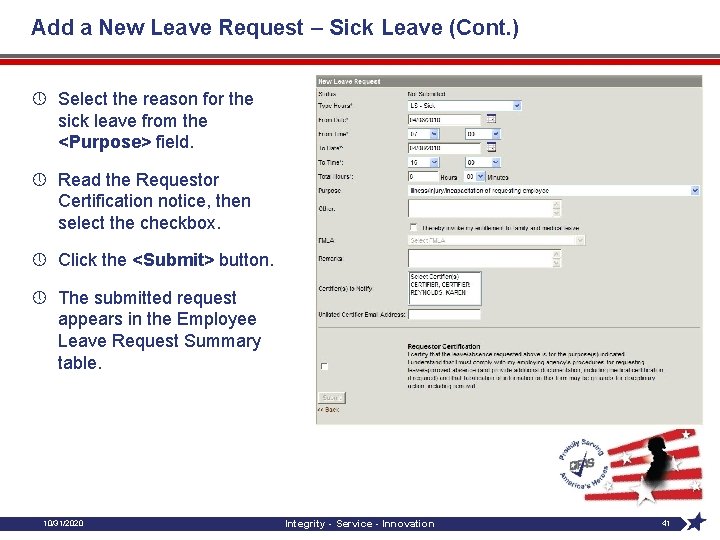 Add a New Leave Request – Sick Leave (Cont. ) » Select the reason