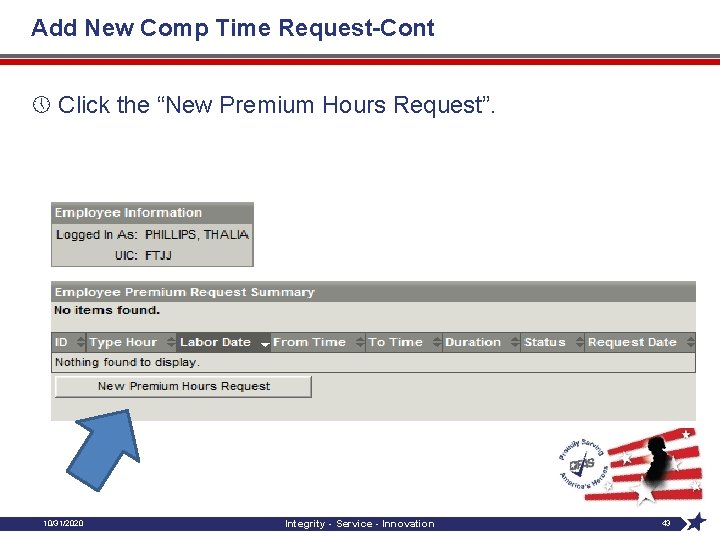 Add New Comp Time Request-Cont » Click the “New Premium Hours Request”. 10/31/2020 Integrity
