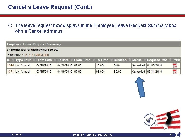 Cancel a Leave Request (Cont. ) » The leave request now displays in the