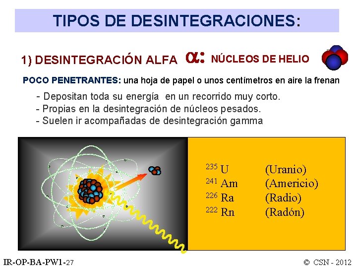 TIPOS DE DESINTEGRACIONES: 1) DESINTEGRACIÓN ALFA NÚCLEOS DE HELIO POCO PENETRANTES: una hoja de