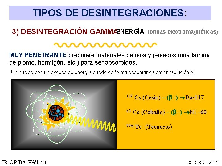 TIPOS DE DESINTEGRACIONES: ENERGÍA 3) DESINTEGRACIÓN GAMMA: (ondas electromagnéticas) MUY PENETRANTE : requiere materiales