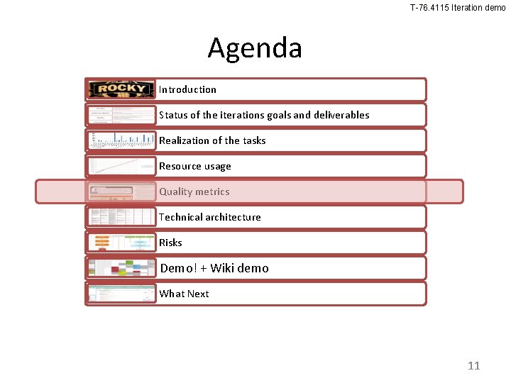 T-76. 4115 Iteration demo Agenda Introduction Status of the iterations goals and deliverables Realization